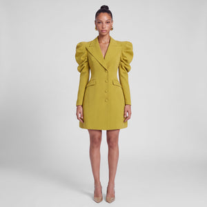 Femponiq mustard yellow tailored blazer dress with sculpted puff shoulders and fitted waist, front view