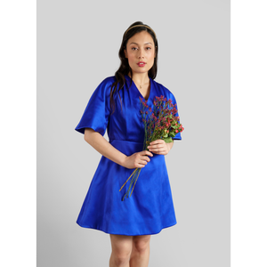 Pleated Shoulder Kimono Sleeve Satin Duchess Dress Royal Blue