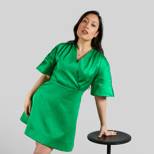Femponiq Pleated Shoulder Kimono Sleeve Satin Duchess Dress in Green