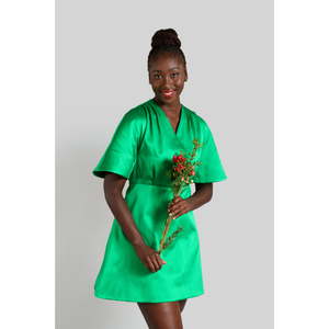 Pleated Shoulder Kimono Sleeve Satin Duchess Dress (Jellybean Green)