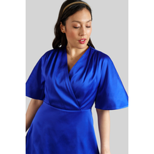 Load image into Gallery viewer, Pleated Shoulder Kimono Sleeve Satin Duchess Dress Royal Blue
