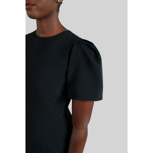 Pleated Shoulder Peplum Hem Cady Dress (Black)