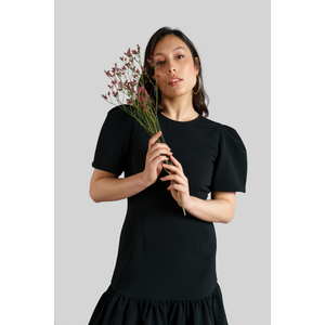 Pleated Shoulder Peplum Hem Cady Dress (Black)