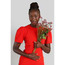 Load image into Gallery viewer, Pleated Shoulder Peplum Hem Cady Dress in Watermelon Red1
