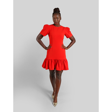 Load image into Gallery viewer, Pleated Shoulder Peplum Hem Cady Dress Watermelon Red 2
