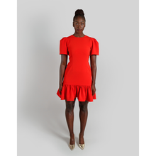 Load image into Gallery viewer, Pleated Shoulder Peplum Hem Cady Dress Watermelon Red 3
