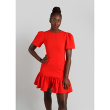 Load image into Gallery viewer, Pleated Shoulder Peplum Hem Cady Dress Watermelon Red4
