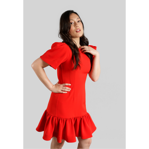 Pleated Shoulder Peplum Hem Cady Dress (Watermelon Red)