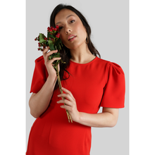 Load image into Gallery viewer, Pleated Shoulder Peplum Hem Cady Dress (Watermelon Red)
