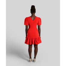 Load image into Gallery viewer, Pleated Shoulder Peplum Hem Cady Dress in Watermelon Red 7
