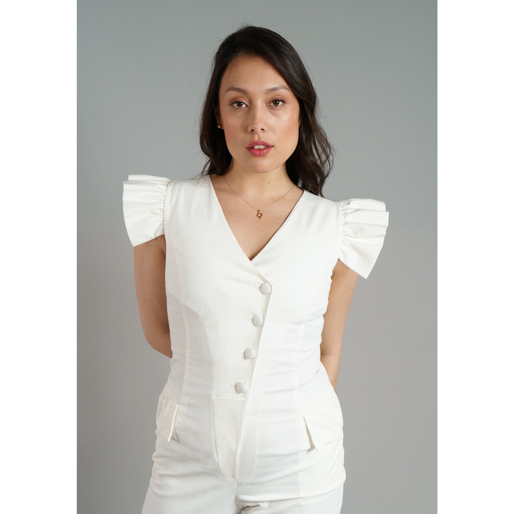 White Ruffle Sleeve Cotton Designer Jumpsuit FEMPONIQ Femponiq