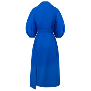 Back view of royal blue wide-lapel asymmetric cotton dress