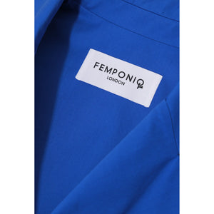 Close-up of stitching and lapel detail on a royal blue wide-lapel cotton dress