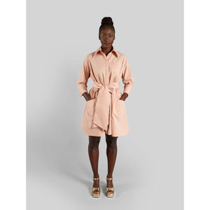 Belted Gathered Cotton Shirt Dress Peach 4