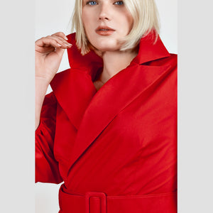 Video of a model showcasing the Femponiq Wide Lapel Asymmetric Belted Midi Cotton Dress in Red, featuring its tailored silhouette, wide lapel design, and elegant belted waist.