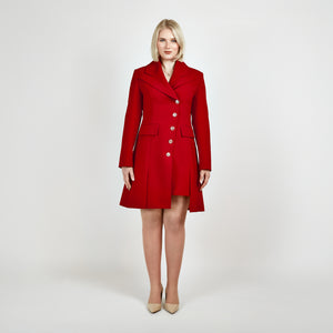 Video of a model showcasing the Femponiq Asymmetric Pleated Blazer Dress in Red, highlighting its tailored fit, pleated details, and striking asymmetric design.