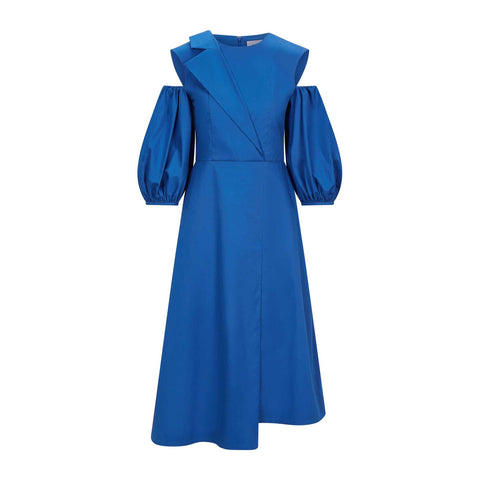 Asymmetric Lapel A-Line Cotton Dress (Sapphire Blue)