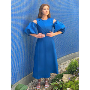 Model is Wearing Asymmetric A-line blue cotton dress - Front 