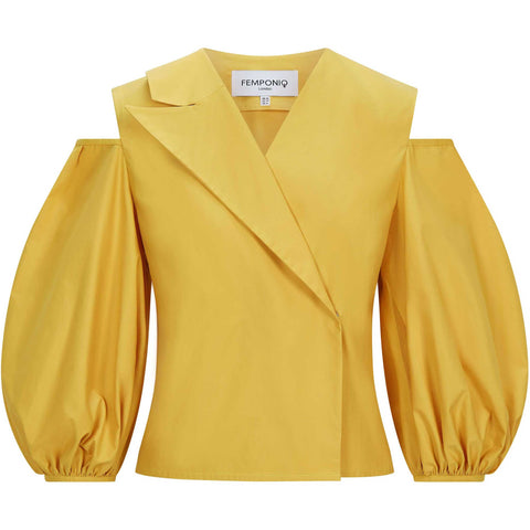 Cold Shoulder Puff Sleeve Lapel Top (Golden Yellow)