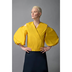 Model is Wearing Cold Shoulder Puff Sleeve Lapel Top in Golden Yellow - Close Up Front Detail