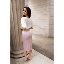Load image into Gallery viewer, Light Pink Cotton-Blend Sateen Pencil Skirt | Femponiq

