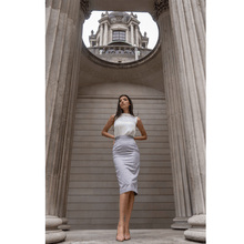Load image into Gallery viewer, Grey Cotton-Blend Sateen Pencil Skirt  | Femponiq
