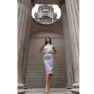 Grey Cotton-Blend Sateen Pencil Skirt  | Femponiq