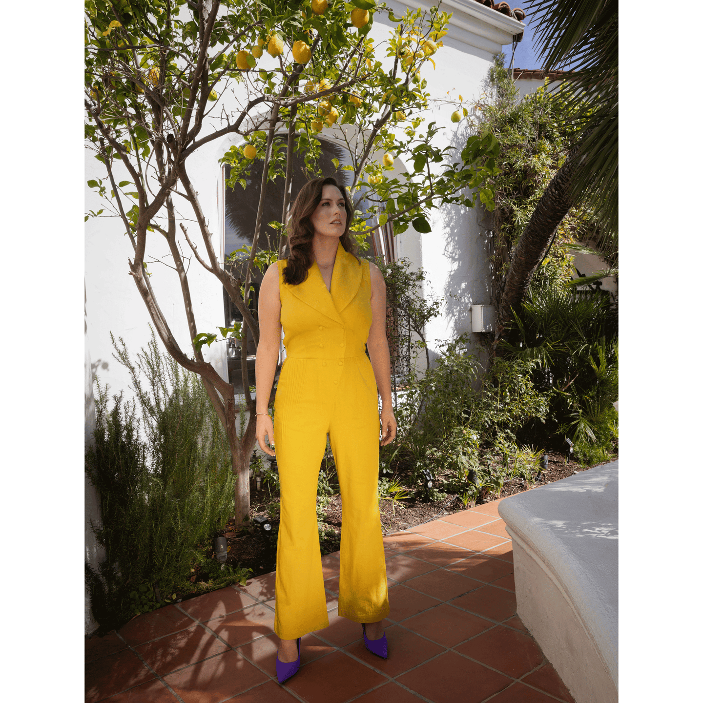 Double Breasted Shawl Lapel Jumpsuit  (Mustard Yellow) | Femponiq