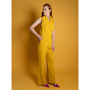 Double Breasted Shawl Lapel Jumpsuit  (Mustard Yellow) | Femponiq