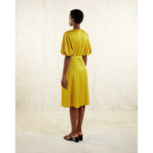 Load image into Gallery viewer, Puff Sleeve  Satin Dress in Yellow -  Back 
