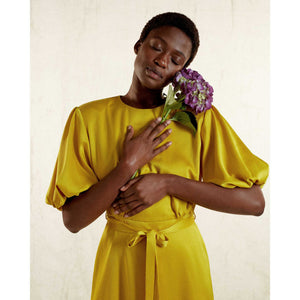 Puff Sleeve  Satin Dress in Yellow - Front Close Up