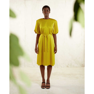  Puff Sleeve  Satin Dress in Yellow - Front