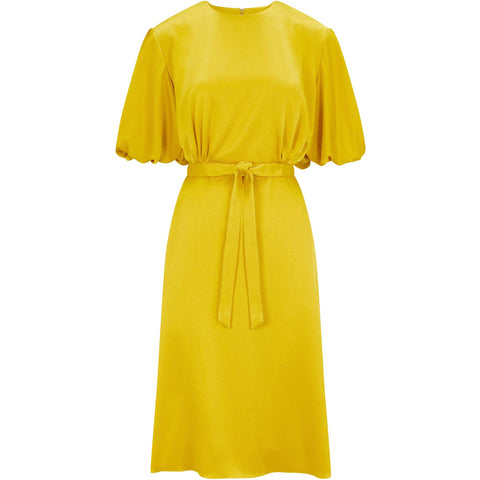 Draped Puff Sleeve Satin Dress (Golden Yellow)