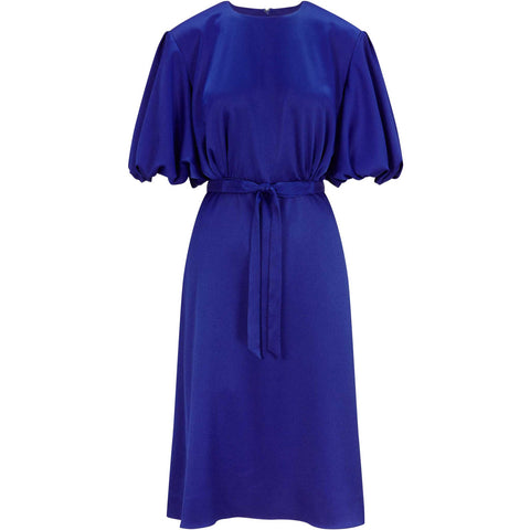 Draped Puff Sleeve Satin Dress (Royal Blue)