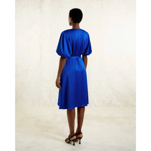Puff Sleeve Satin Dress in Royal Blue-Back