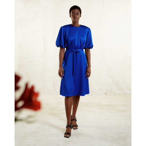 Puff Sleeve Satin Dress in Royal Blue-Front