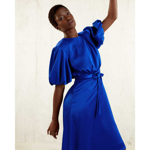 Puff Sleeve Satin Dress in Royal Blue-Front Side Close Up