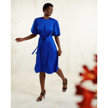 Load image into Gallery viewer, Puff Sleeve Satin Dress in Royal Blue-Front Side
