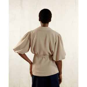 Puff Sleeve Notched Lapel Blouse in Beige - Back