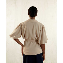 Load image into Gallery viewer, Puff Sleeve Notched Lapel Blouse in Beige - Back
