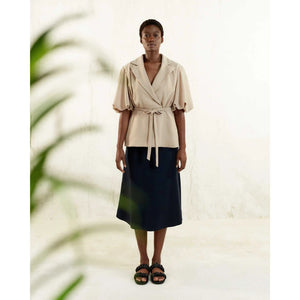 Puff Sleeve Notched Lapel Blouse in Beige - Front