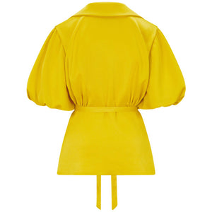  Draped Puff Sleeve Satin Blouse (Golden Yellow) Front Product Picture