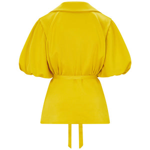  Draped Puff Sleeve Satin Blouse (Golden Yellow) Front Product Picture