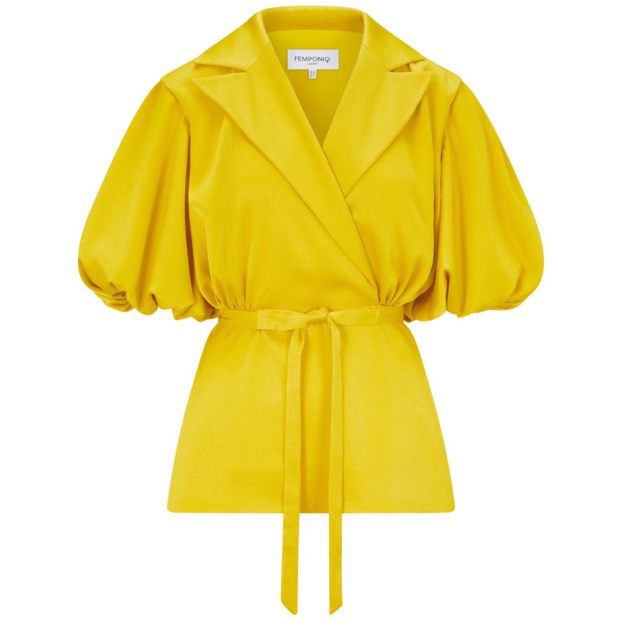 Yellow Draped Puff Sleeve Belted Designer Blouse | FEMPONIQ – Femponiq