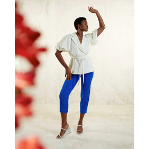 Puff Sleeve Notched Lapel Blouse in Ivory - Front 