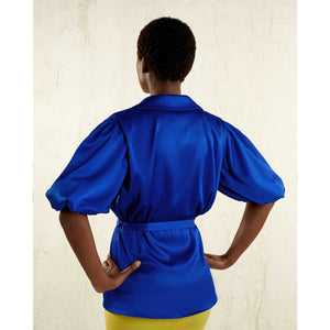 Puff Sleeve Notched Lapel Blouse in Royal Blue - Back