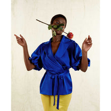 Load image into Gallery viewer, Puff Sleeve Notched Lapel Blouse in Royal Blue - Front Close Up
