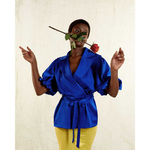 Puff Sleeve Notched Lapel Blouse in Royal Blue - Front Close Up