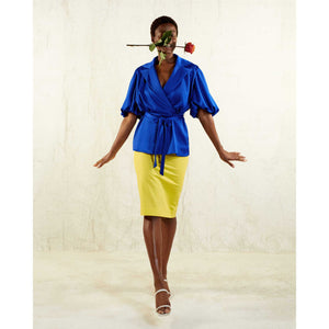 Puff Sleeve Notched Lapel Blouse in Royal Blue - Front