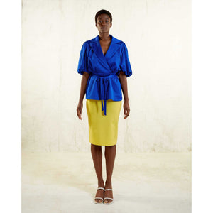 Puff Sleeve Notched Lapel Blouse in Royal Blue - Front